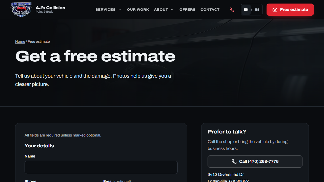 AJ's online estimate form for vehicle and damage details