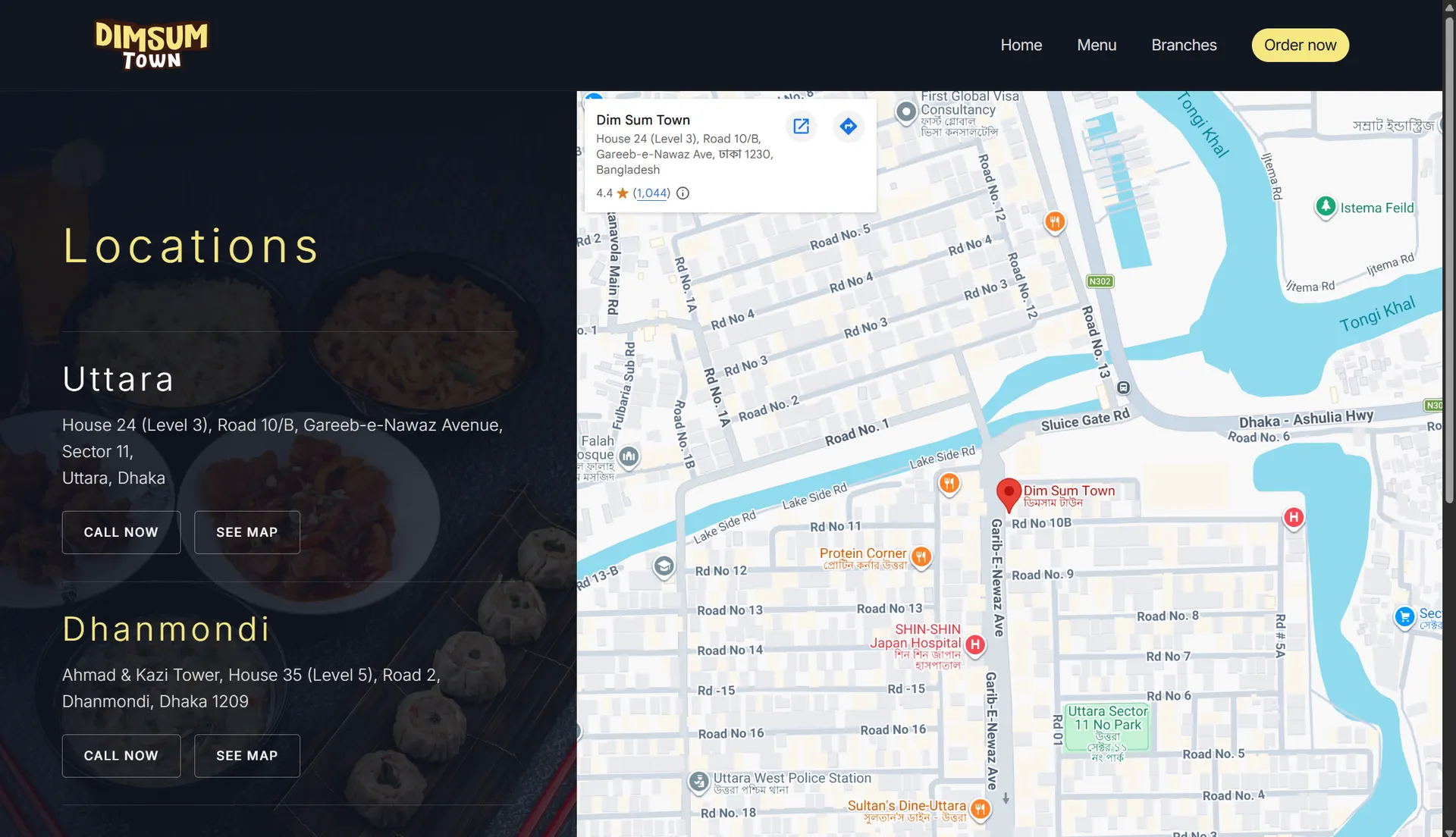 Dim Sum Town website locations page with an embedded Google Map and addresses for the Uttara and Dhanmondi branches