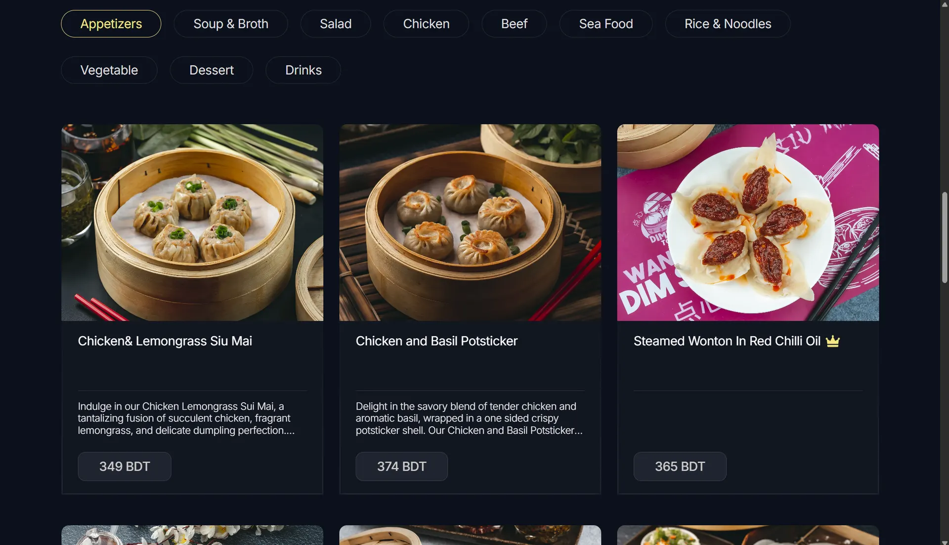 Dim Sum Town website menu page showing categories like Appetizers, Soup & Broth, and Chicken, each dish photographed with a BDT price