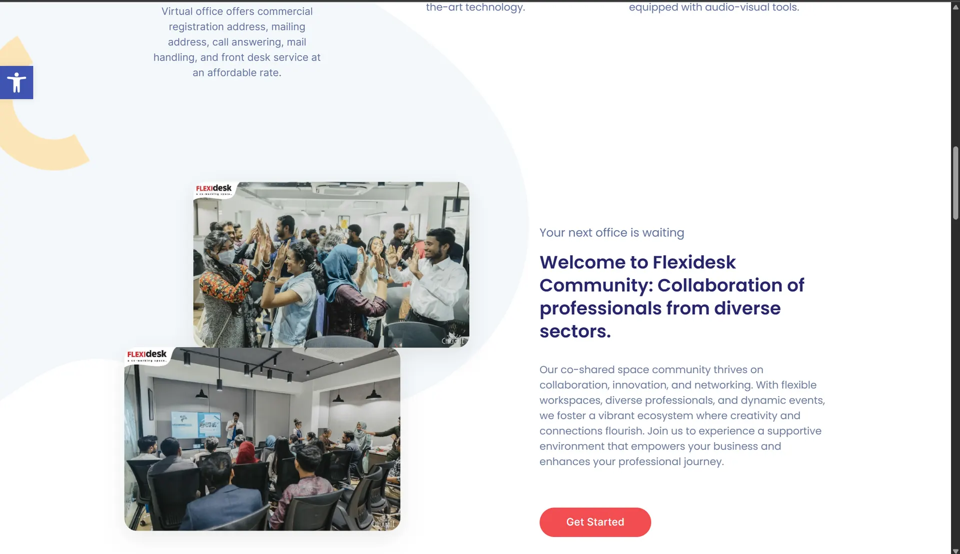 Flexidesk website community section with photos of members networking and attending an event, under the heading 'Welcome to Flexidesk Community'