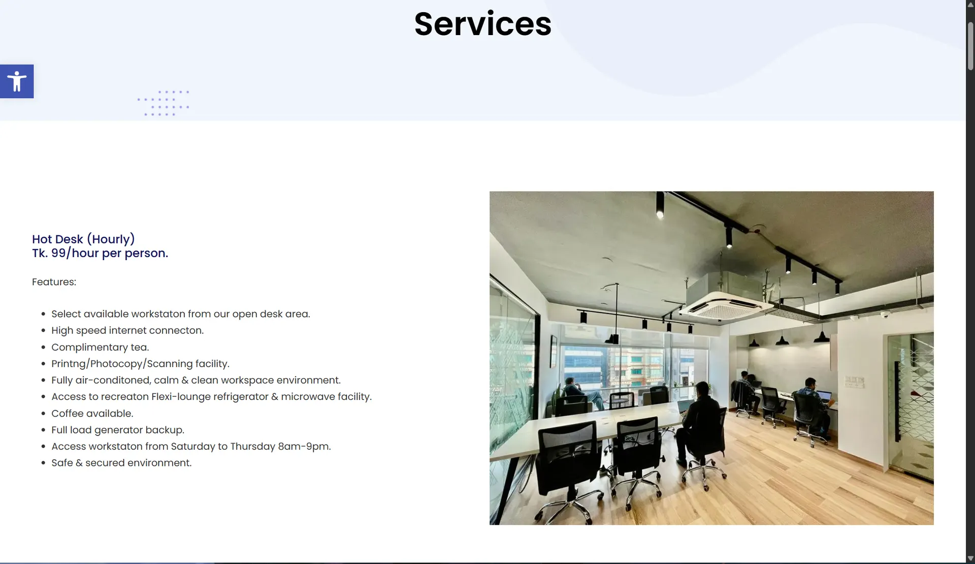 Flexidesk website services page showing the Hot Desk Hourly plan at Tk. 99 per hour with a full feature list