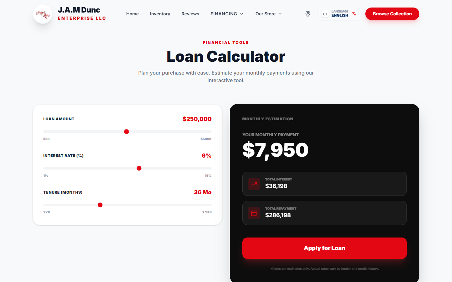 J.A.M Dunc loan calculator with monthly payment estimate