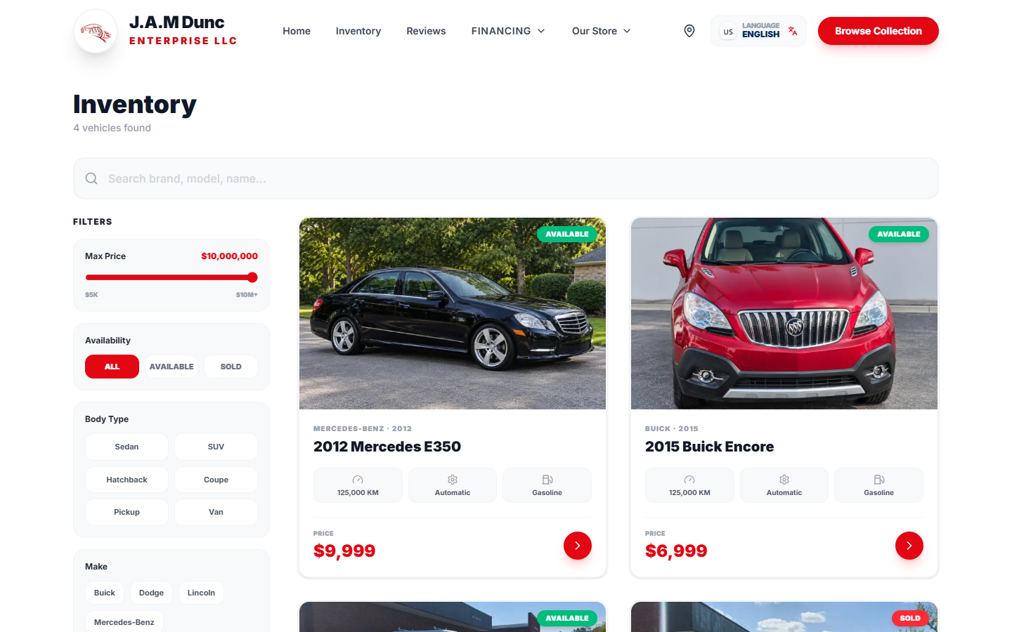 J.A.M Dunc vehicle inventory with search and filters