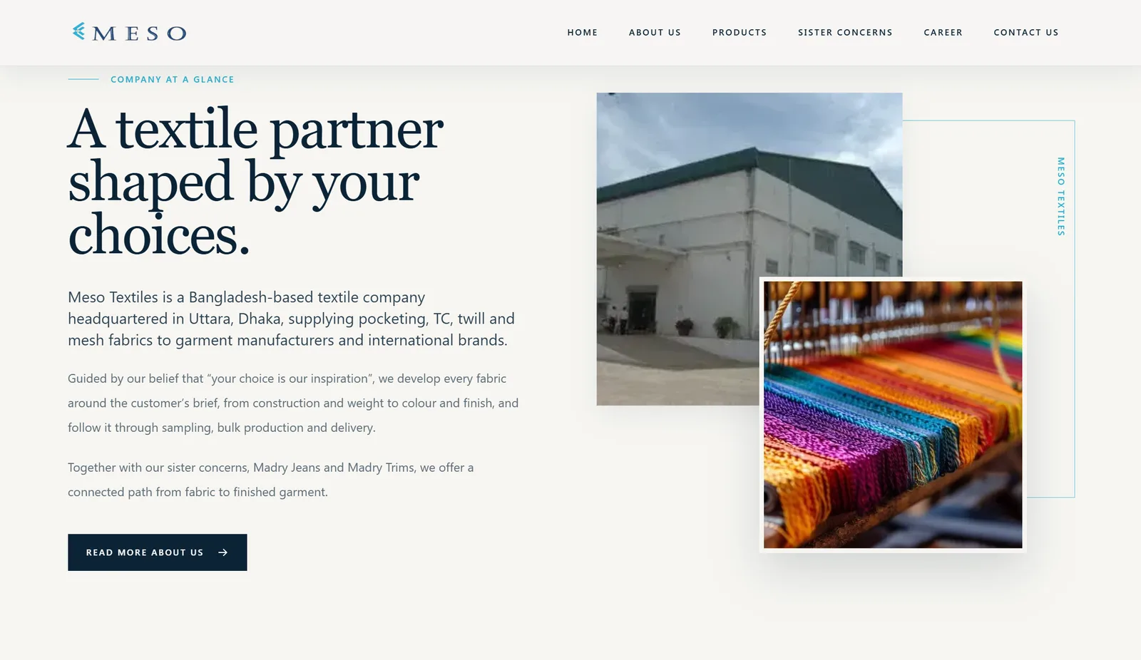 Meso Textiles 'Company at a glance' section reading 'A textile partner shaped by your choices' beside photos of the factory and a colourful loom