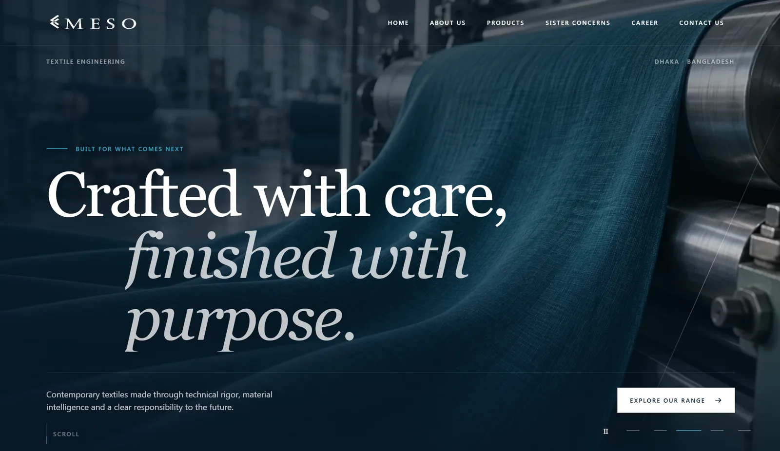 Meso Textiles homepage slide reading 'Crafted with care, finished with purpose' over a close-up of navy fabric running through finishing rollers