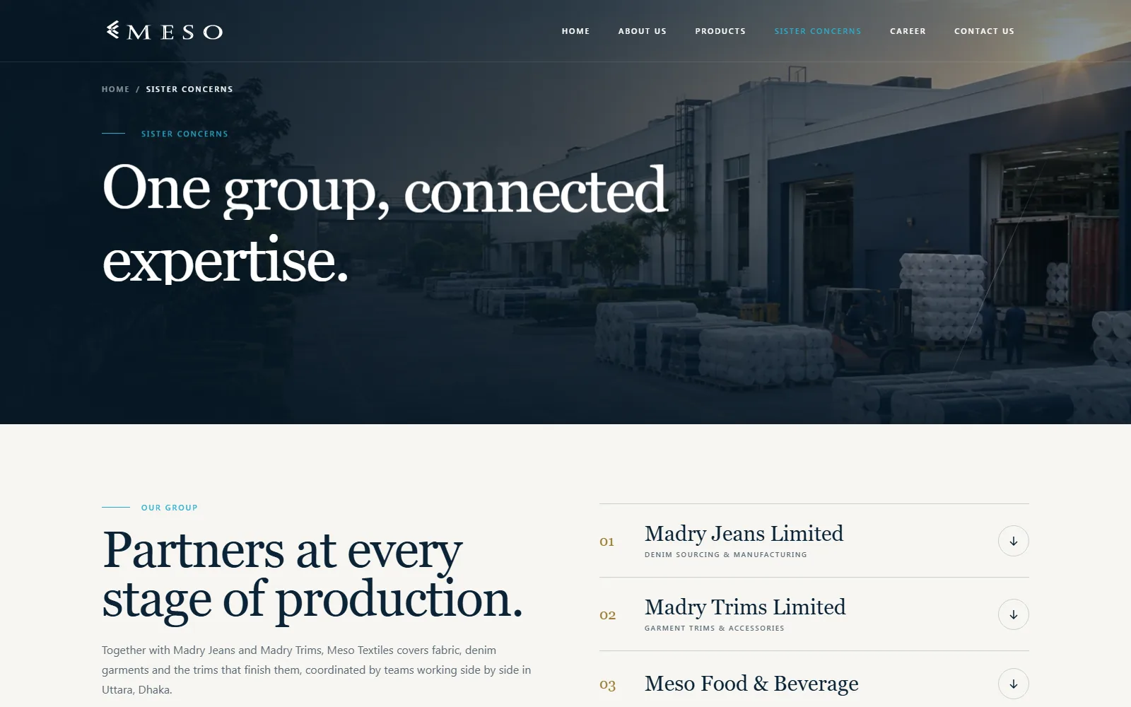 Meso Textiles Sister Concerns page reading 'One group, connected expertise' above a list including Madry Jeans Limited and Madry Trims Limited