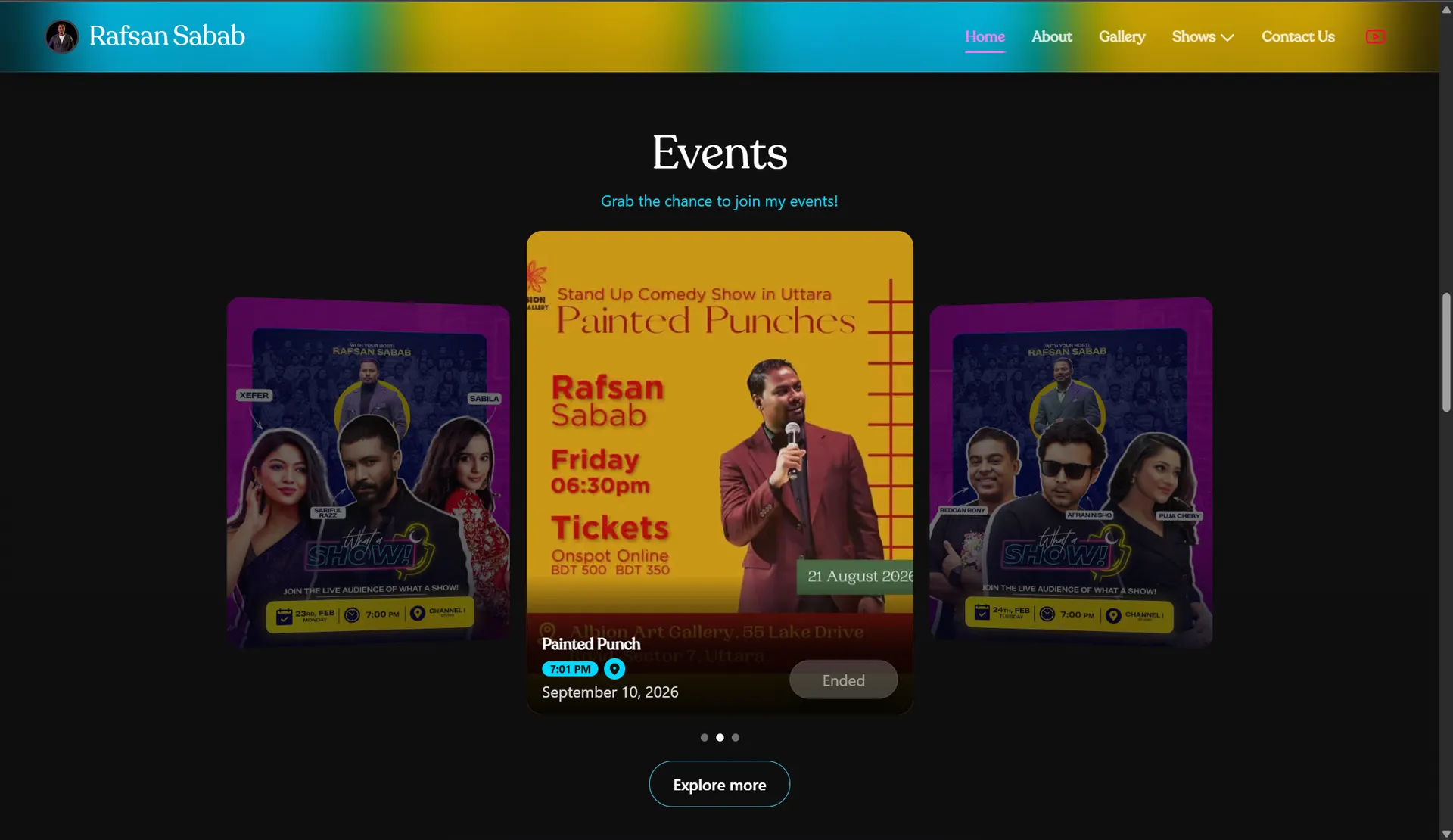 Rafsan Sabab website events carousel showing upcoming stand-up shows and registration details
