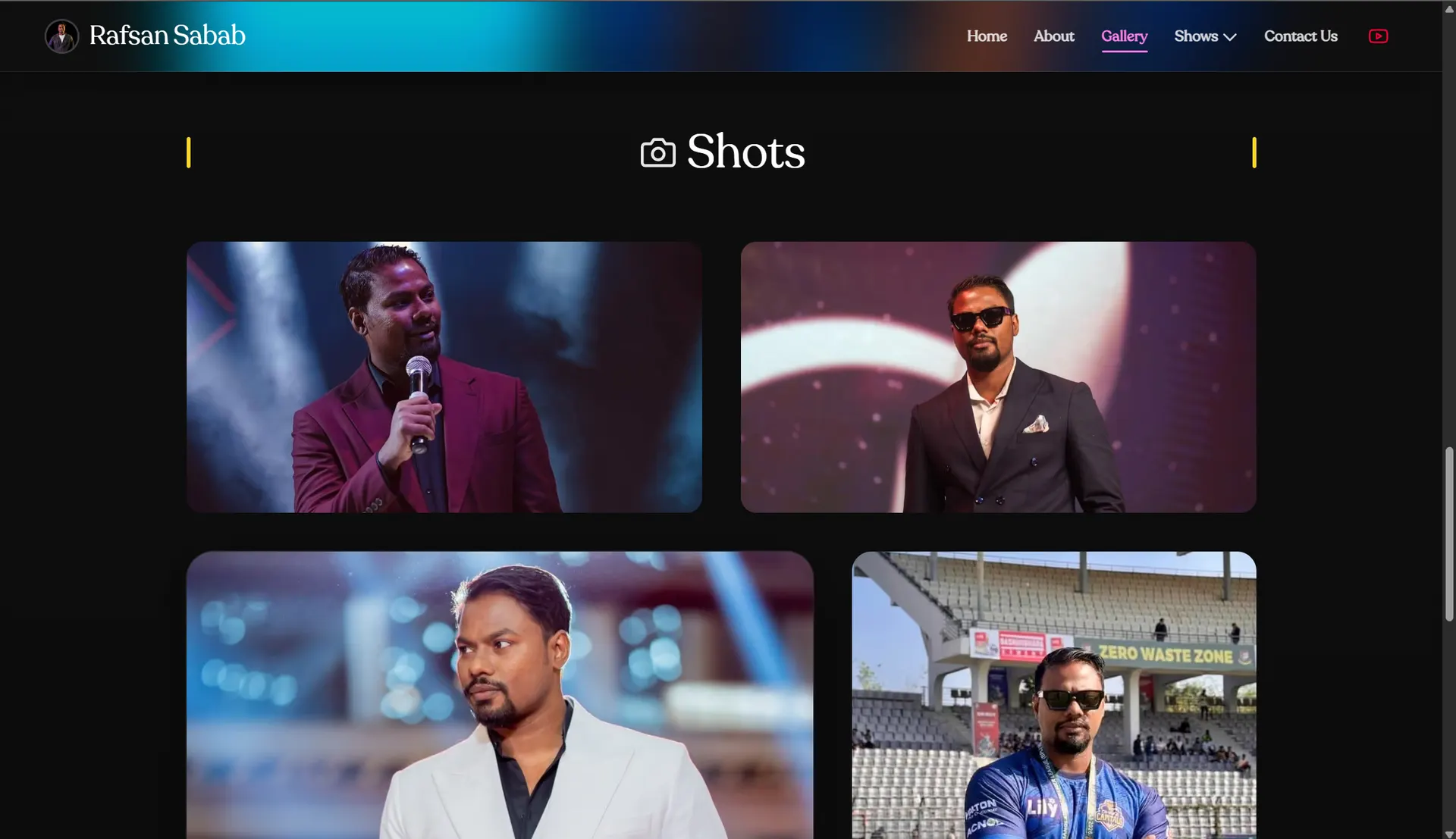Rafsan Sabab website photo gallery grid featuring shots from live shows and appearances