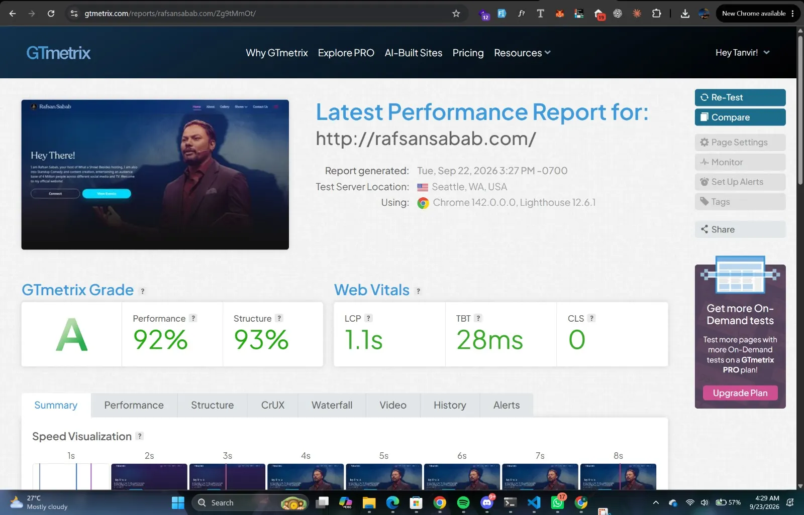 GTmetrix performance report for rafsansabab.com showing an A grade, 92% performance score, 93% structure score, and a 1.1 second largest contentful paint