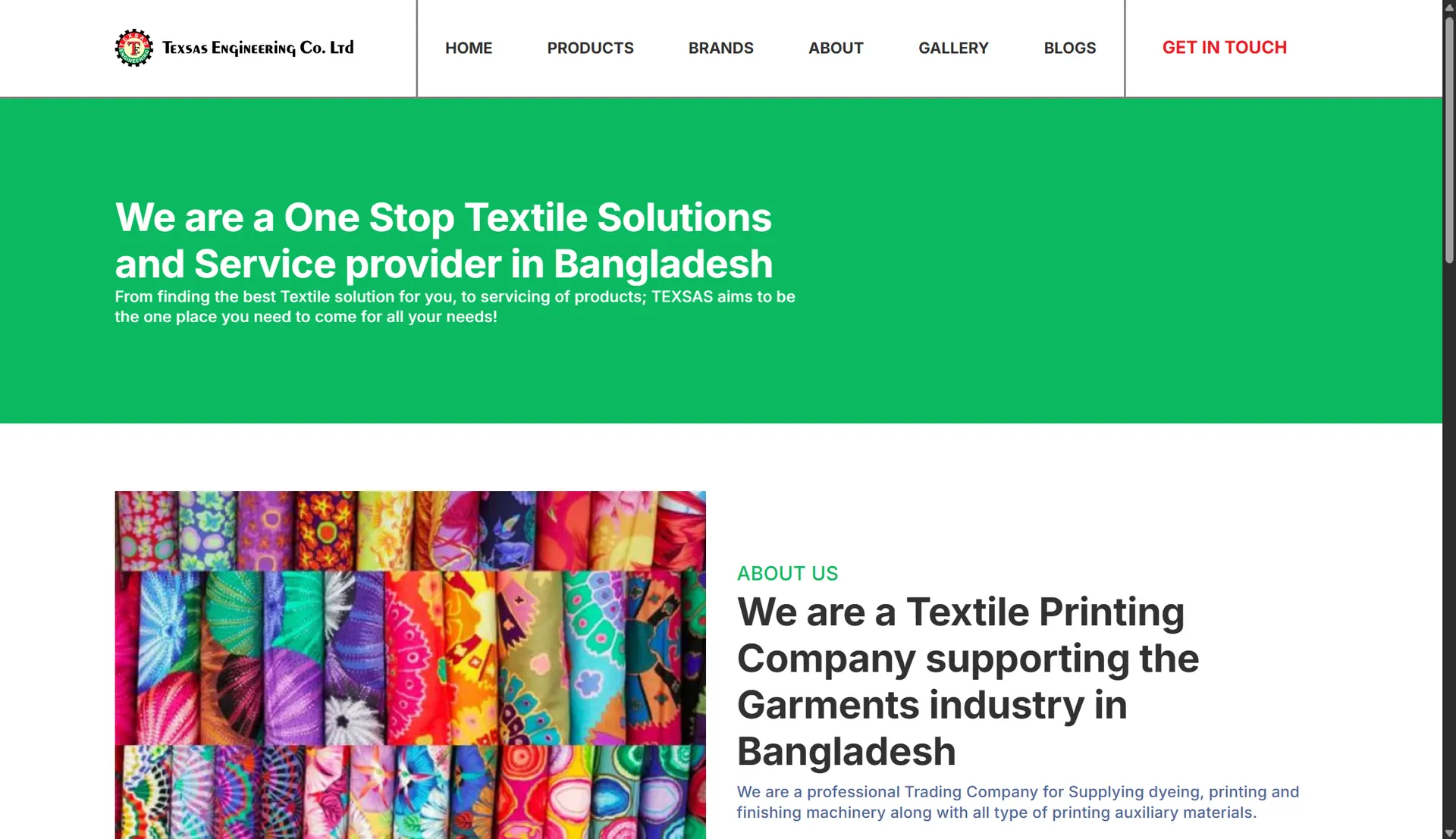 Texsas Engineering website homepage describing them as a textile printing company supporting the garments industry in Bangladesh