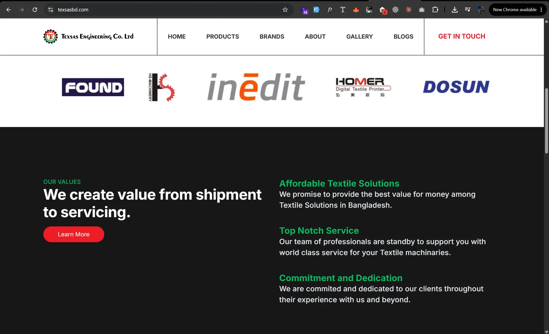 Texsas Engineering website brand strip showing FOUND, HS-Machinery, inedit, HOMER, and DOSUN logos above a dark values section