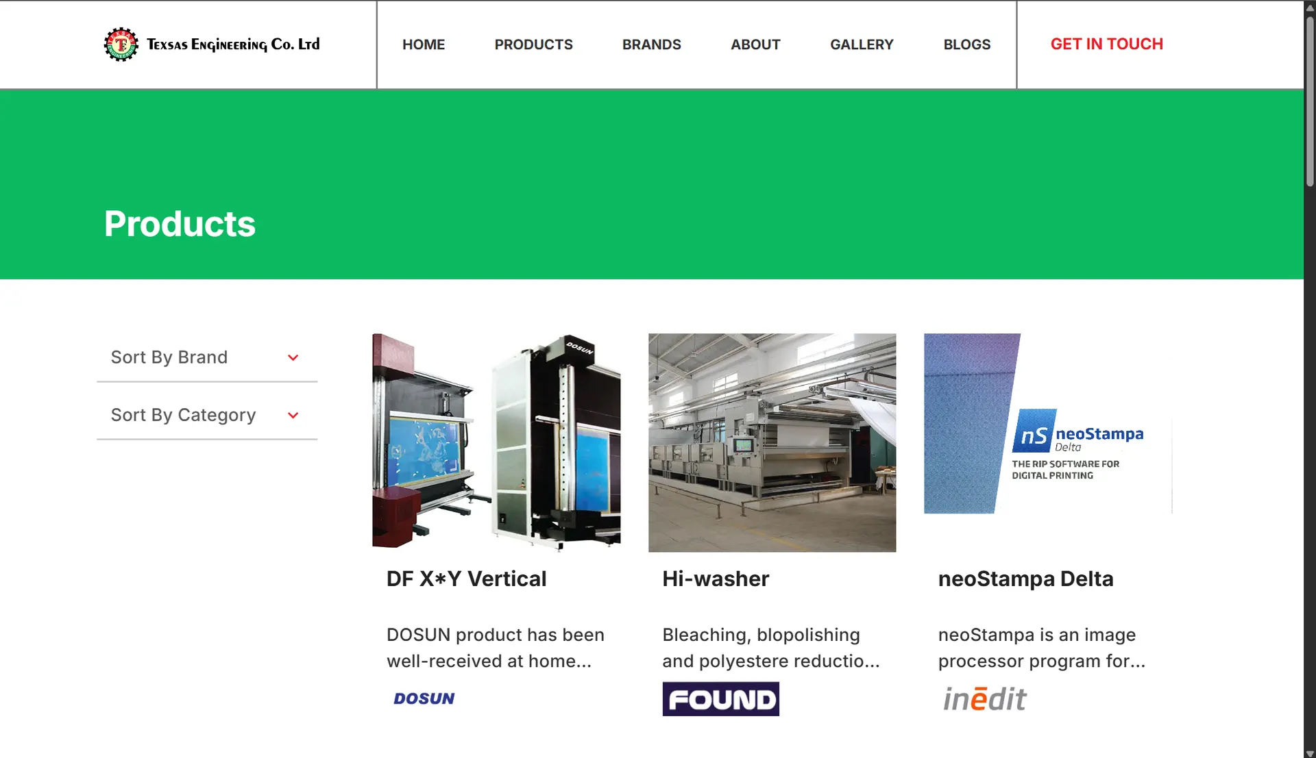 Texsas Engineering products catalog page with sort by brand and category filters and machinery product cards