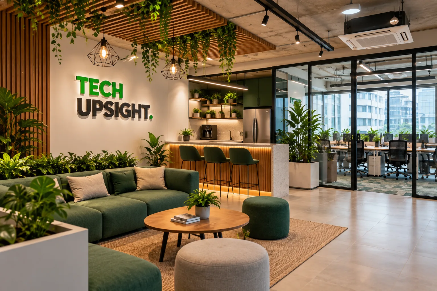 Our lounge and coffee bar — green sofas, plenty of plants, and the occasional coffee break