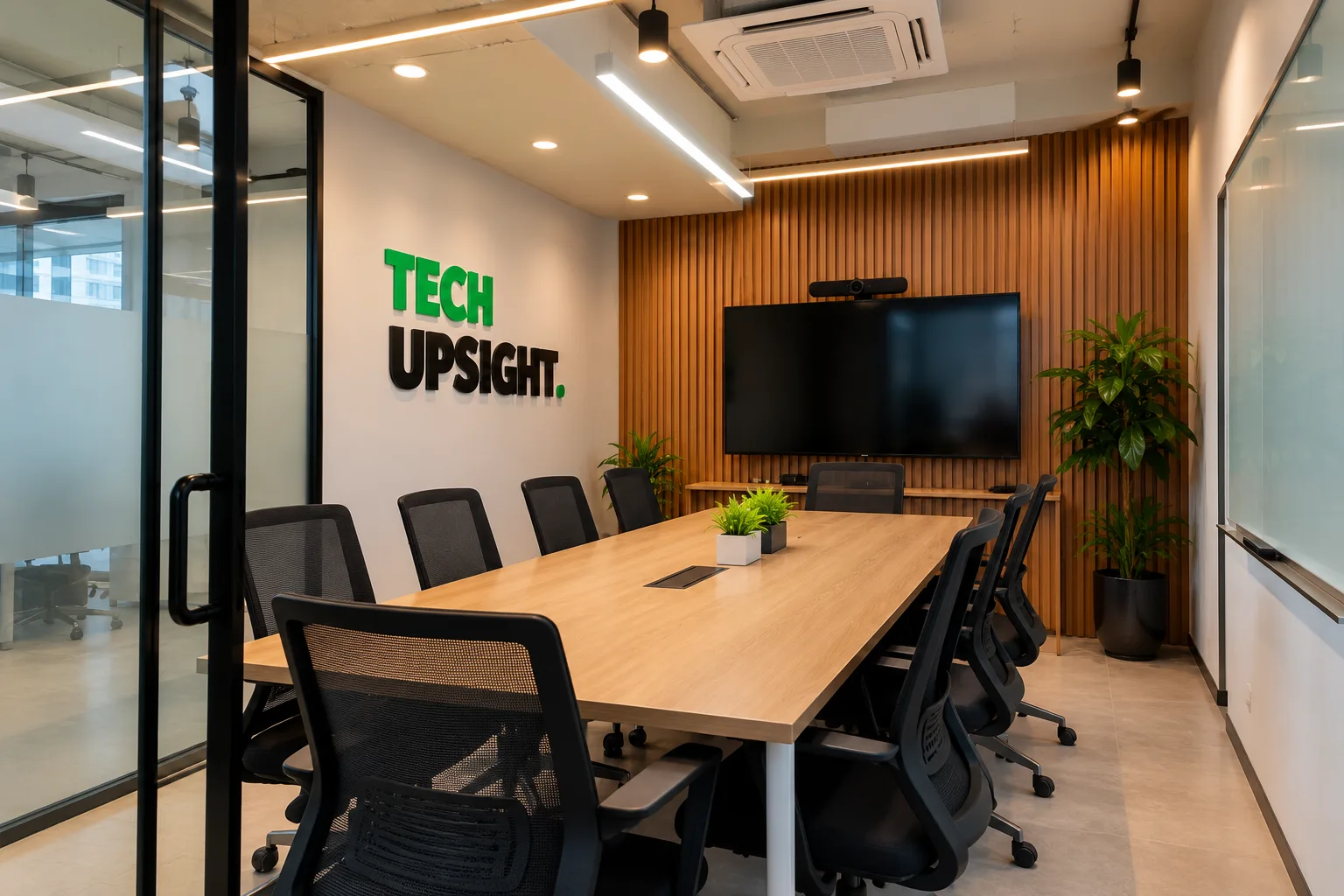 Our meeting room, where client workshops and sprint reviews happen around one long table