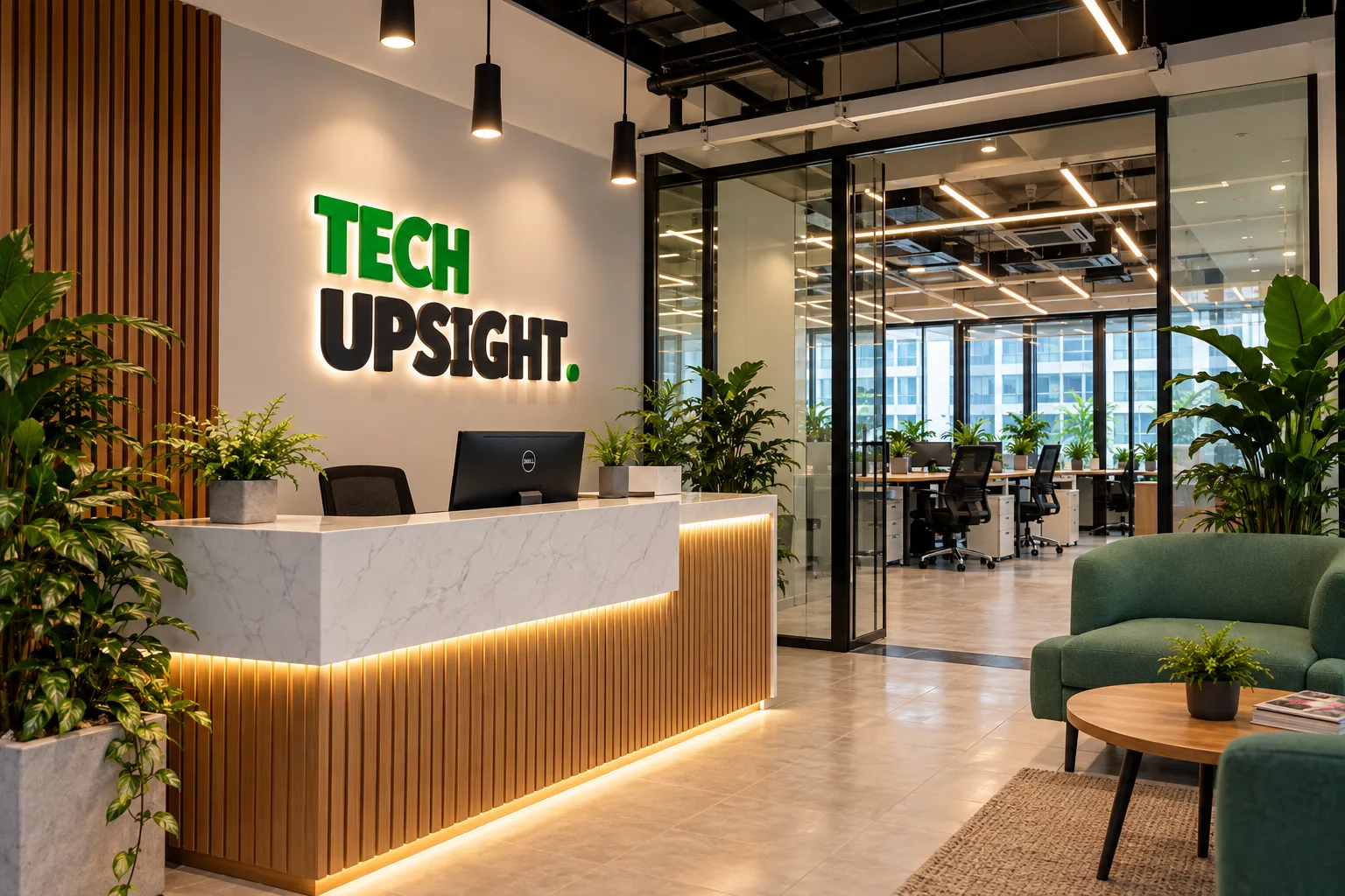 Our Dhaka studio reception, with the Tech Upsight sign above a marble and wood front desk